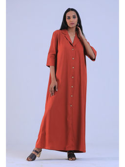 Tjori - Women Orange Cotton Shirt Collar Straight Fit Dress