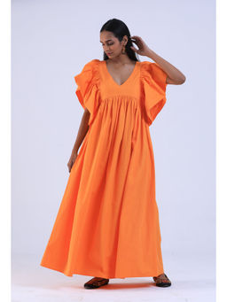 Tjori - Women Orange Cotton V-Neck Ruffle Sleeve Dresses