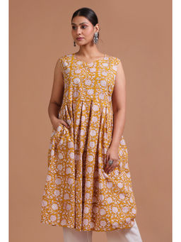 Tjori - Yellow Cotton Printed Dress