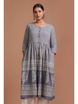 Tjori - Grey Cotton Printed Dress
