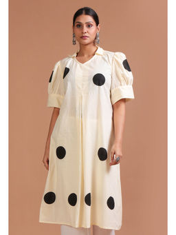 Tjori - Cream Cotton Printed Dress