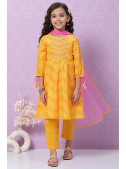 Biba - Yellow Printed Kurta (set Of 3)