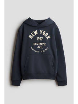 H&M - Boys Navy Blue Print-Motif Brushed-Inside Hoodie