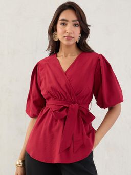 Femmella - Red Puff Sleeves Wrap Top