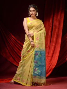CHARUKRITI - Lemon Yellow Blended Cotton Ethnic Motifs and Floral Borders Saree with Unstitched Blouse