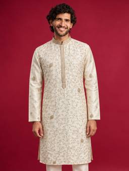 Vastramay - Men Cream Silk Blend Zari Embroidered Knee Length Kurta