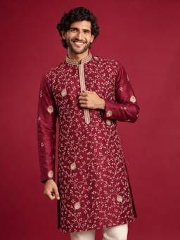 Vastramay - Men Maroon Silk Blend Zari Embroidered Knee Length Kurta