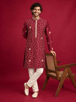 Vastramay - Men Maroon Silk Blend Embroidered Knee Length Kurta with Pyjama