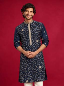 Vastramay - Men Navy Blue Silk Blend Zari Embroidered Knee Length Kurta