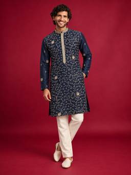 Vastramay - Men Navy Blue Silk Blend Embroidered Knee Length Kurta with Pyjama