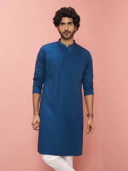 Vastramay - Men Blue Cotton Self Design Knee Length Kurta