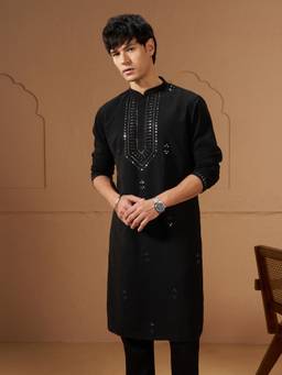 Vastramay - Men Black Silk Embroidered Sequin Knee Length Kurta
