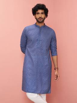 Vastramay - Men Blue Cotton Linen Patola Print Embroidered Collar Knee Length Kurta
