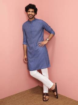 Vastramay - Men Blue Cotton Linen Patola Print Embroidered Collar Kurta with Pyjama