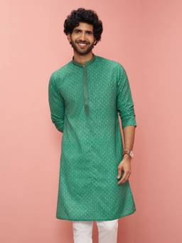 Vastramay - Men Green Cotton Linen Patola Print Embroidered Collar Knee Length Kurta