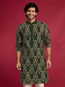 Vastramay - Men Dark Green Silk Blend Zari Embroidered Knee Length Kurta