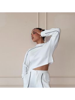 Off Duty India - Cloud Contrast Full Sleeve Crop Top - White