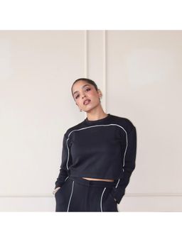 Off Duty India - Cloud Contrast Full Sleeve Crop Top - Black