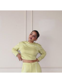 Off Duty India - Cloud Contrast Full Sleeve Crop Top - Lime Green
