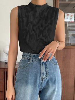 Off Duty India - Soft High Neck Textured Top - Black