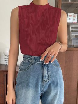 Off Duty India - Soft High Neck Textured Top - Red