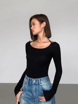 Off Duty India - Fitted Scoop Tie Up Long Sleeve Top - Black