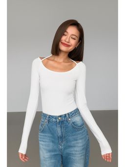 Off Duty India - Fitted Scoop Tie Up Long Sleeve Top - White