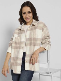 American Eagle - Women White Fleece Plaid Shacket