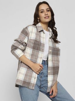 American Eagle - Women Brown Fleece Plaid Shacket