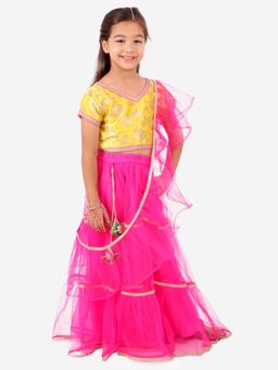 KID1 - Pari Jacquard And Net Lehenga Choli-yellow/pink (Set of 3)