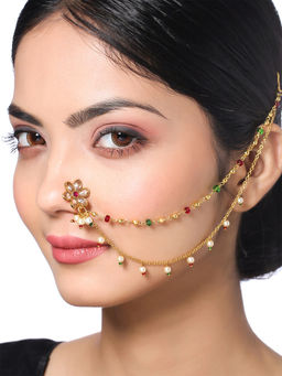 Yellow Chimes - Gold Toned Non Piercing Crystal Studded Nose Ring with Chain for Women