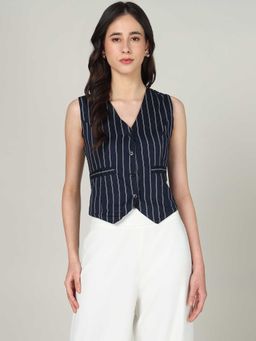 Sands of India - Women’s White and Blue Striped Sleeveless V-Neck Waistcoat Vest