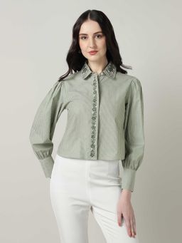 Sands of India - Women’s Green and White Striped Embroidered Crop Shirt