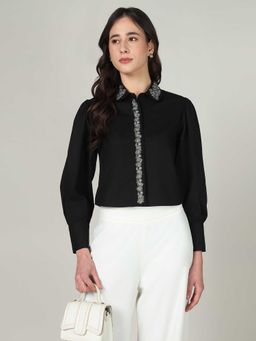 Sands of India - Women's Black Poplin Crop Shirt With Embroidery