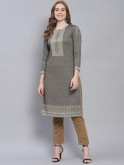 Monte Carlo - Grey Off White Self Design Keyhole Neck Kurta