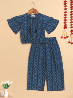 The Magic Wand - Blue Cambric Cotton Flutter Sleeves Zig Zag Printed Co-Ord Set