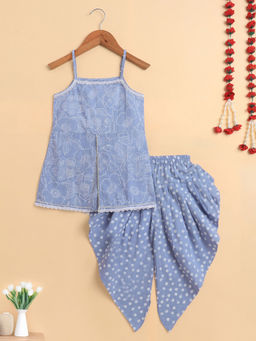 The Magic Wand - Blue Cambric Cotton printed Front Slit Kurta and Dhoti