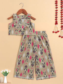The Magic Wand - Beige Cambric Sleeveless Ikat Printed Frill with Gota Top and Palazzo