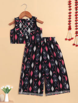 The Magic Wand - Black Cambric Sleeveless Ikat Printed Top and Palazzo