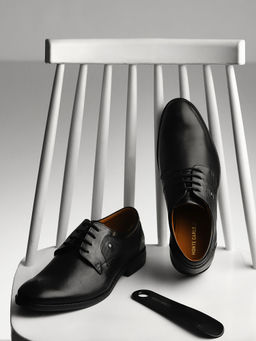 Monte Carlo - Men Black Solid Lace Up Genuine Leather Derby Shoes