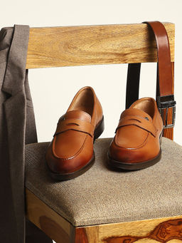 Monte Carlo - Men Tan Solid Slip On Genuine Leather Penny Loafers