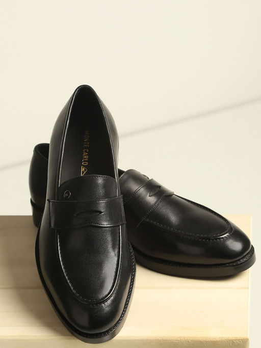 Monte Carlo Men Black Solid Slip On Genuine Leather Penny Loafers