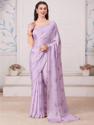 Women's Satin Silk Lavender Digital Print Designer Saree With Blouse Piece