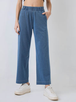 Spykar - Women Blue Straight High Rise Casual Knit Pant