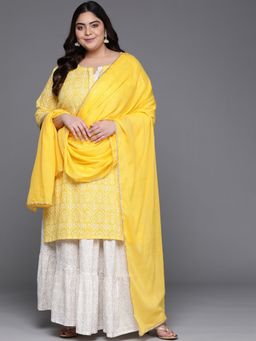 Extra love by Libas - Plus Size Women Yellow Printed Cotton Straight Kurta Sets for Women