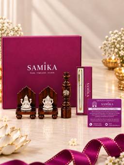 SAMIKA - 999 Silver Ganesh Lakshmi with Wooden Aasan, Incense Holder and Silver Pen