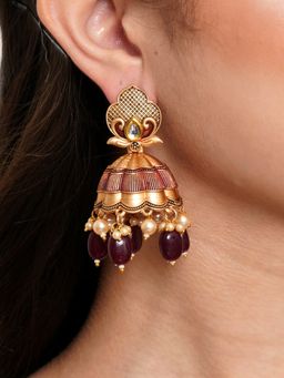 Karatcart - Gold Plated Maroon Tumble and Golden Pearl Studded Jhumki Earrings for Women