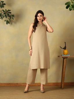 Mamicha - Beige Ira Solid Kurta and Pant