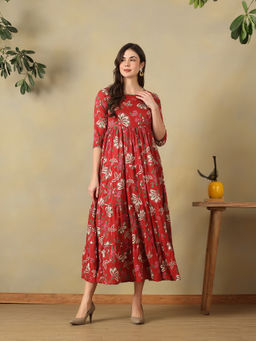 Mamicha - Red Crimson Meera Tiered Anarkali Dress