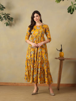 Mamicha - Mustard Vanshika Floral Printed Midi Dress